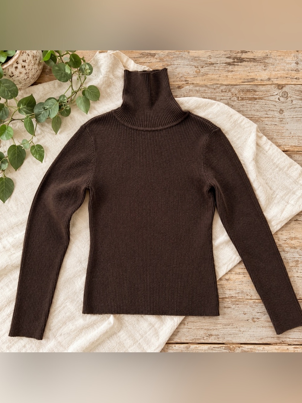 Chocolate Brown 100% Cotton Ribbed Turtleneck Sweater M